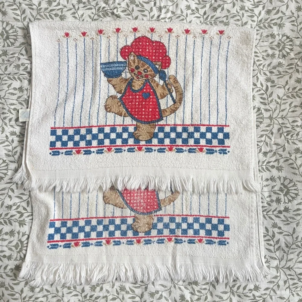 2 VTG CANNON Hand Kitchen Towel 70s NOS Cat Checkered heart cottage‎